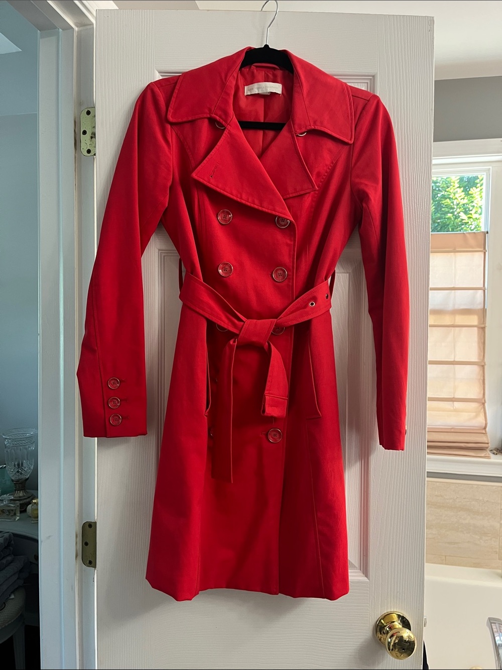 New York & Company Red Double-Breasted Trench Coat with Belt